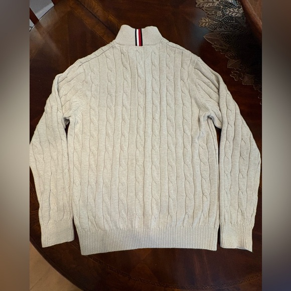 Tommy Hilfiger Cream Tan Cable Knit Pullover Sweater 1/4 Zip Neck Logo Men’s L - Picture 3 of 14